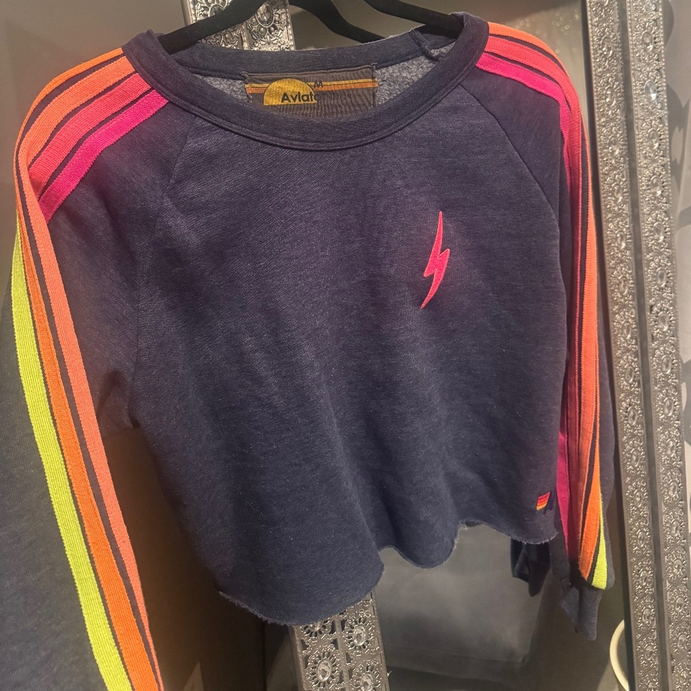 Navy with neon striped Aviator Nation cropped sweatshirt, Medium